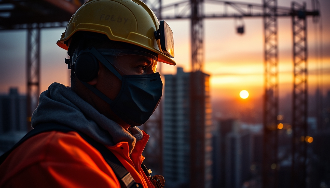 construction worker with full PPE on a São Paulo high-rise site in editorial style