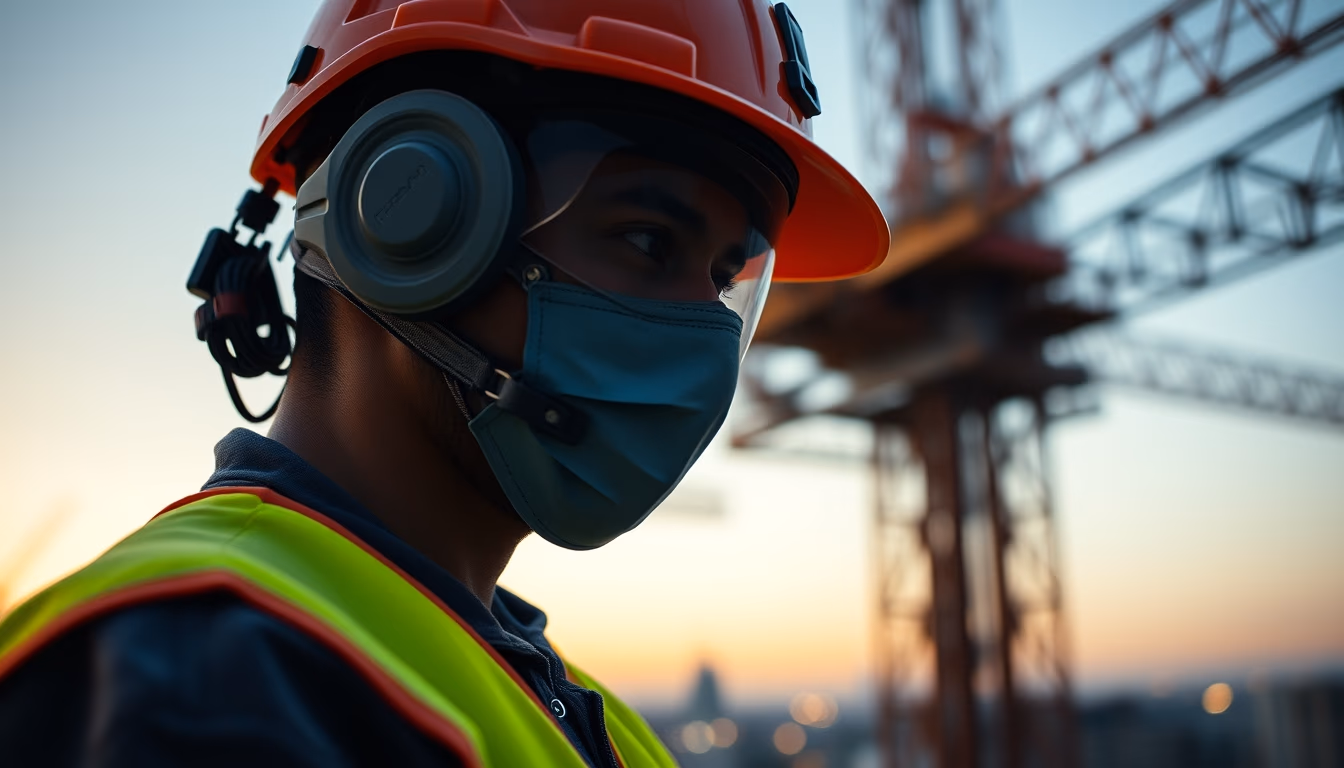 construction worker with full PPE on a São Paulo high-rise site in editorial style