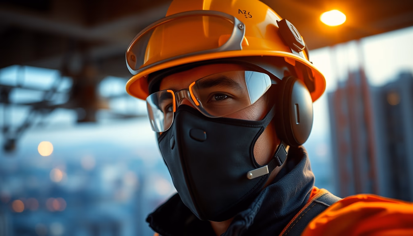 construction worker with full PPE on a São Paulo high-rise site in editorial style