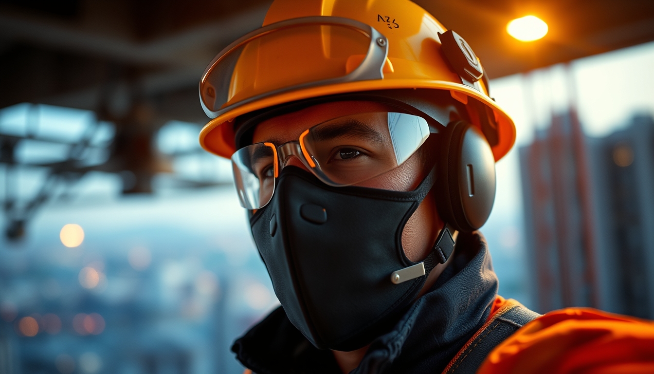 construction worker with full PPE on a São Paulo high-rise site in editorial style