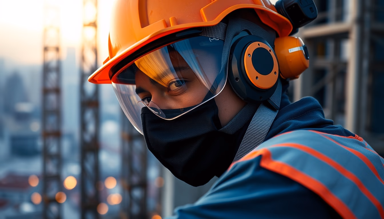 construction worker with full PPE on a São Paulo high-rise site in editorial style