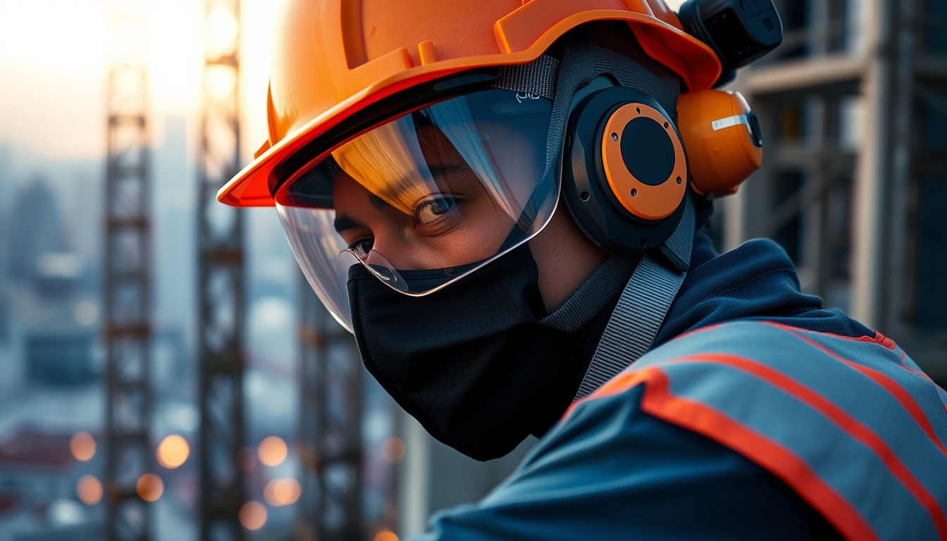 construction worker with full PPE on a São Paulo high-rise site in editorial style