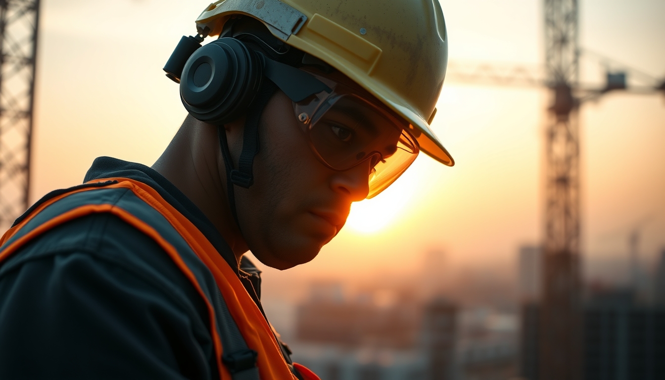 construction worker with full PPE on a São Paulo high-rise site in editorial style