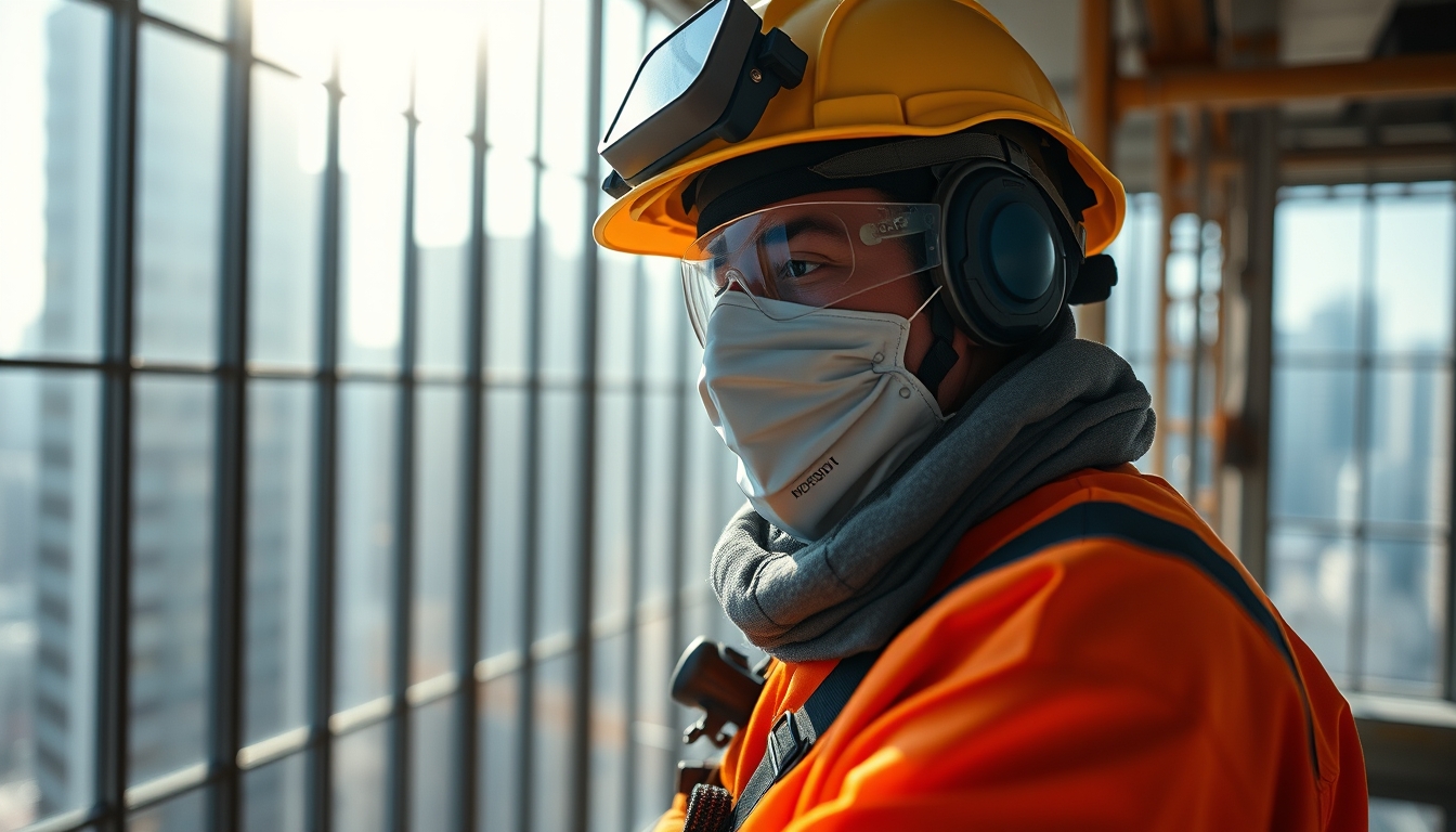 construction worker with full PPE on a São Paulo high-rise site in editorial style