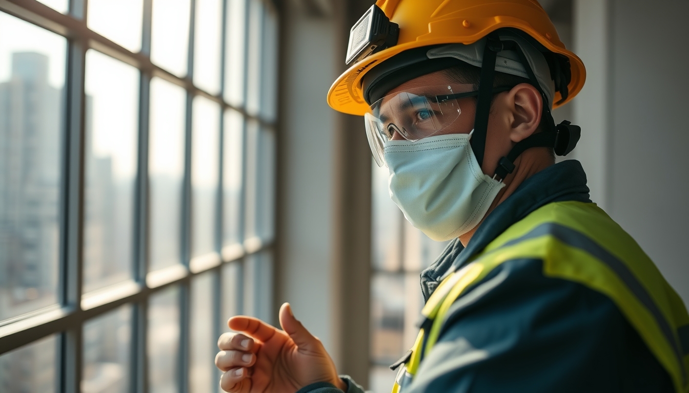 construction worker with full PPE on a São Paulo high-rise site in editorial style