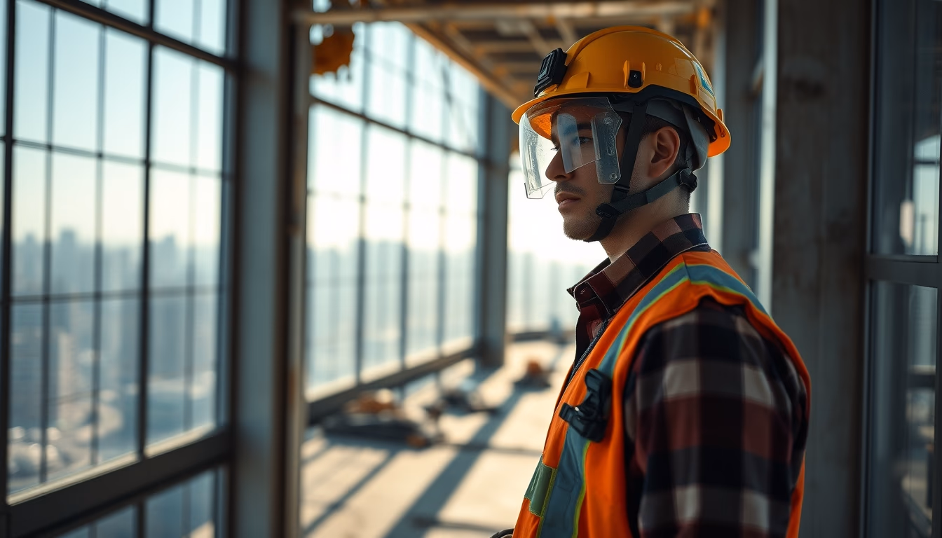 construction worker with full PPE on a São Paulo high-rise site in editorial style