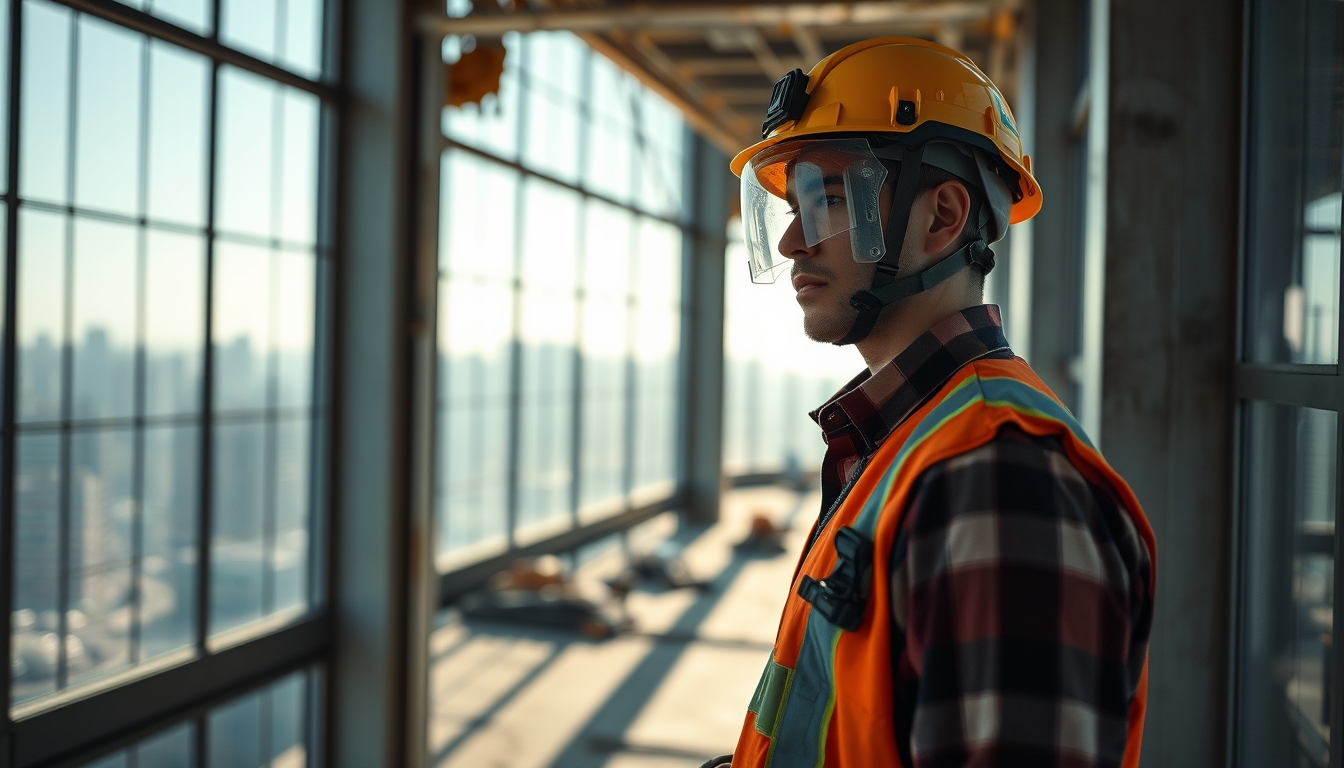 construction worker with full PPE on a São Paulo high-rise site in editorial style