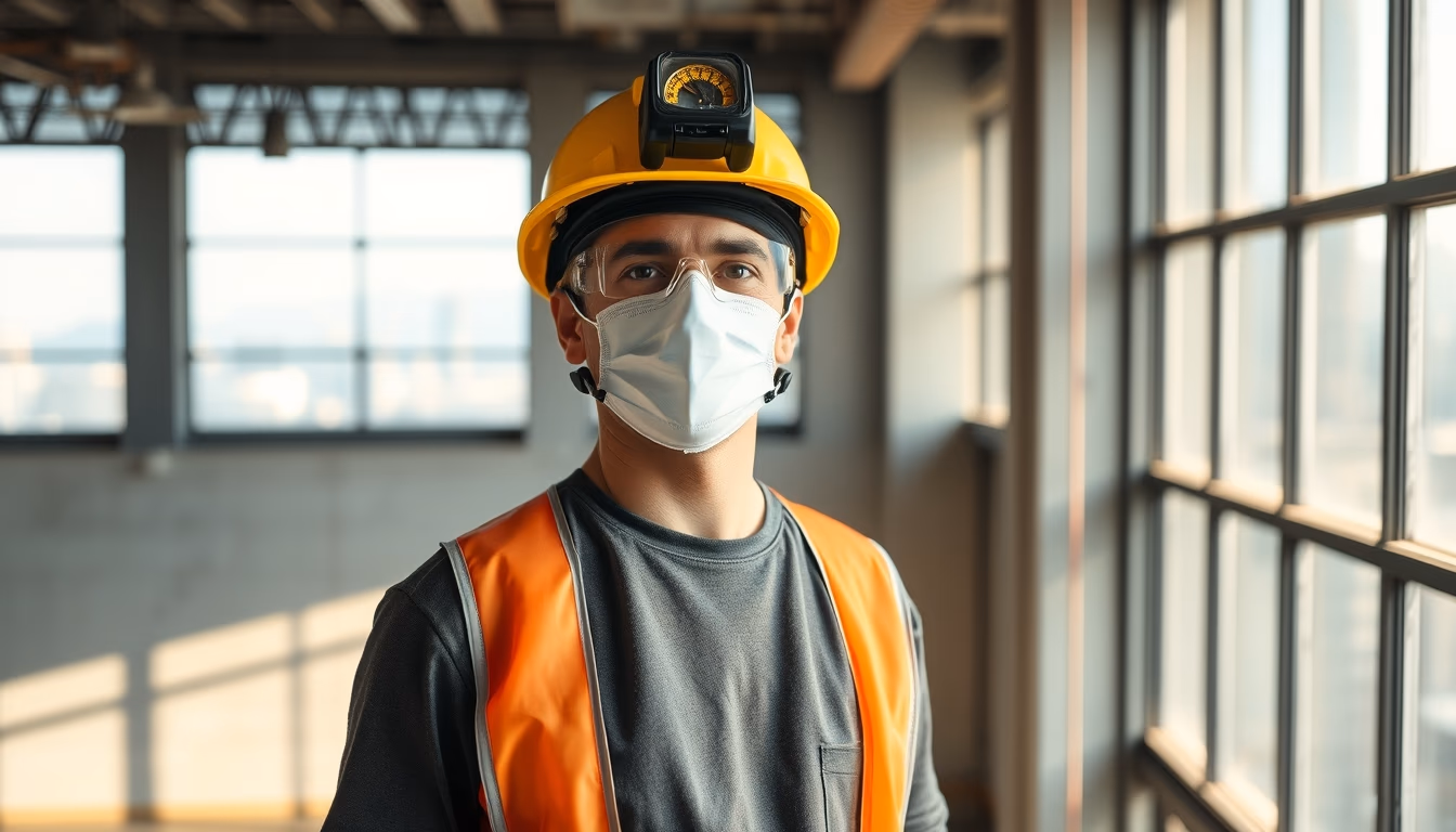 construction worker with full PPE on a São Paulo high-rise site in editorial style