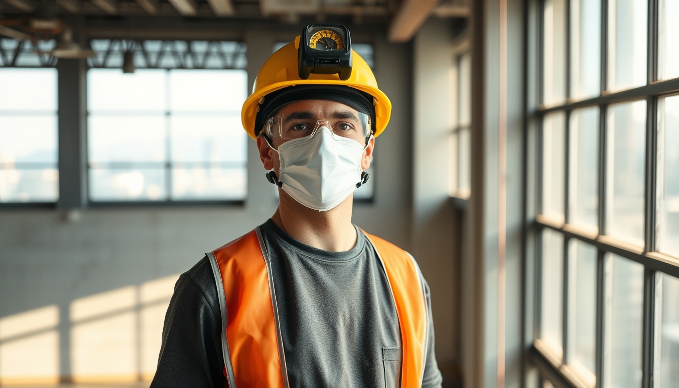 construction worker with full PPE on a São Paulo high-rise site in editorial style