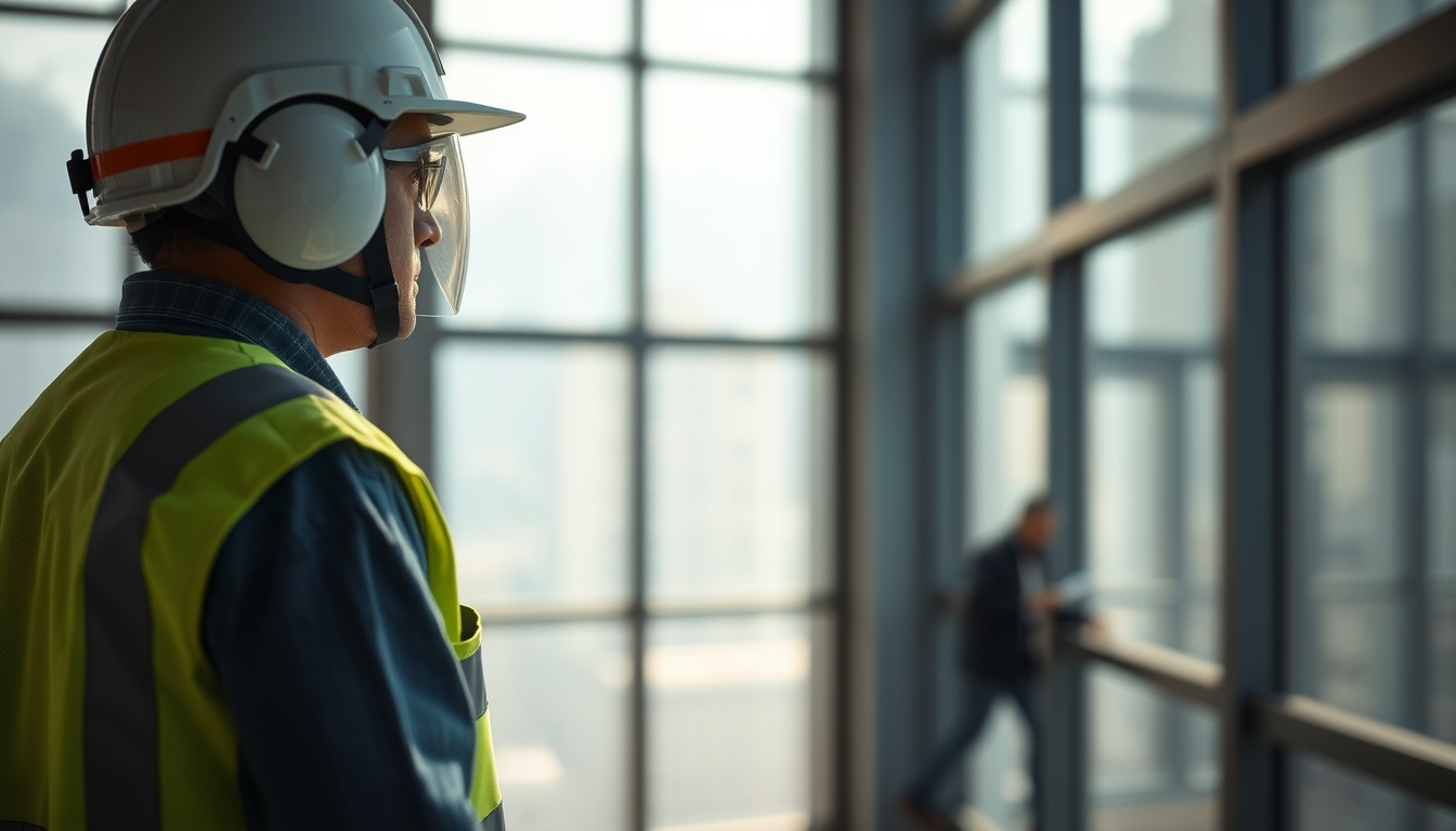 construction worker with full PPE on a São Paulo high-rise site in editorial style