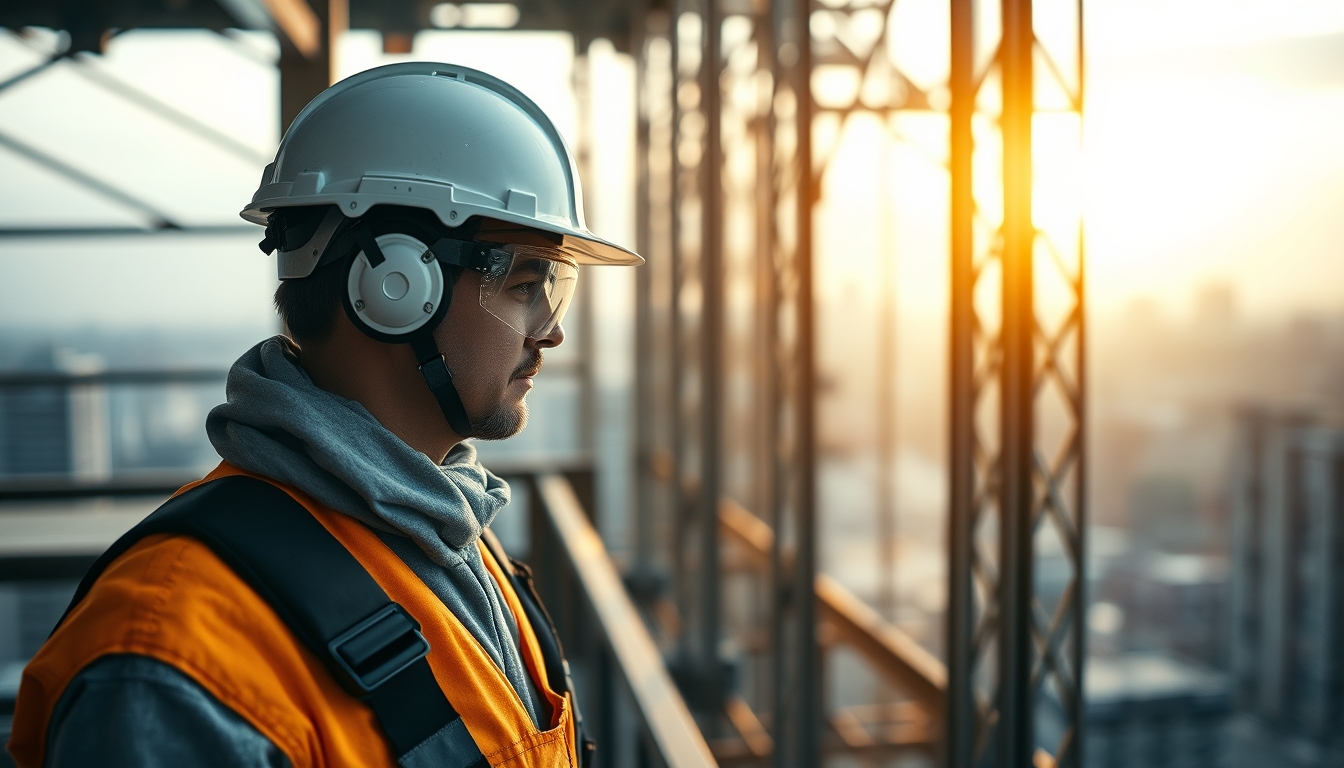 construction worker with full PPE on a São Paulo high-rise site in editorial style