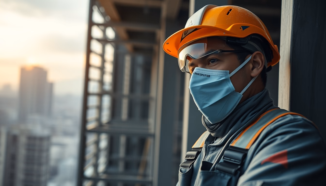 construction worker with full PPE on a São Paulo high-rise site in editorial style