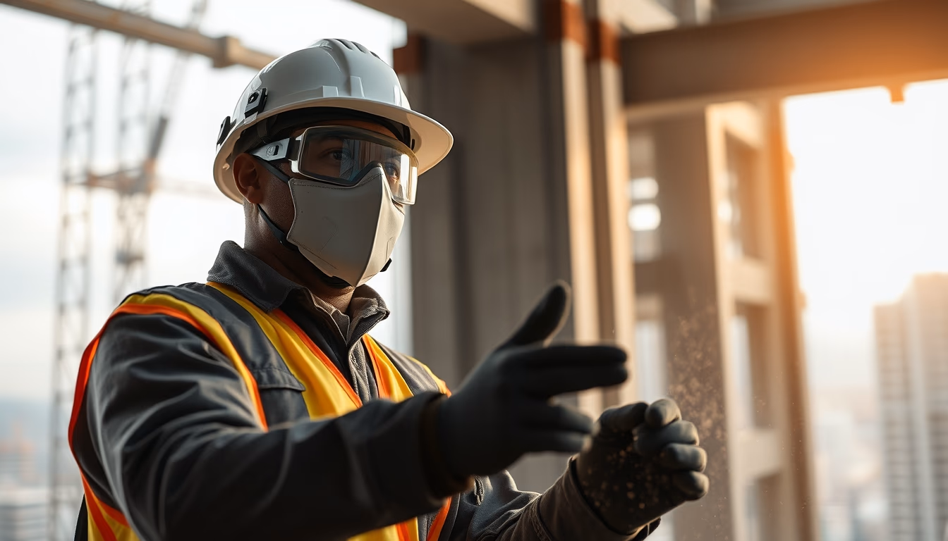construction worker with full PPE on a São Paulo high-rise site in editorial style