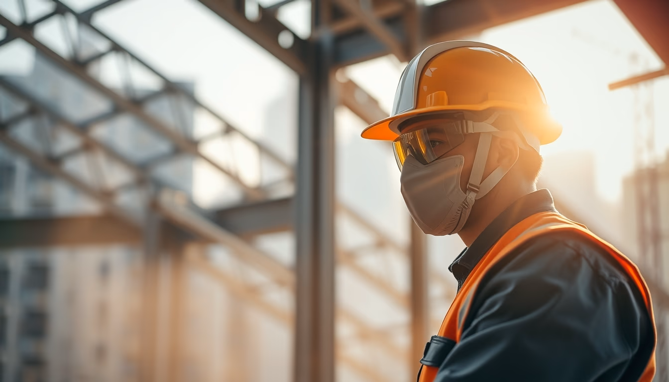 construction worker with full PPE on a São Paulo high-rise site in editorial style