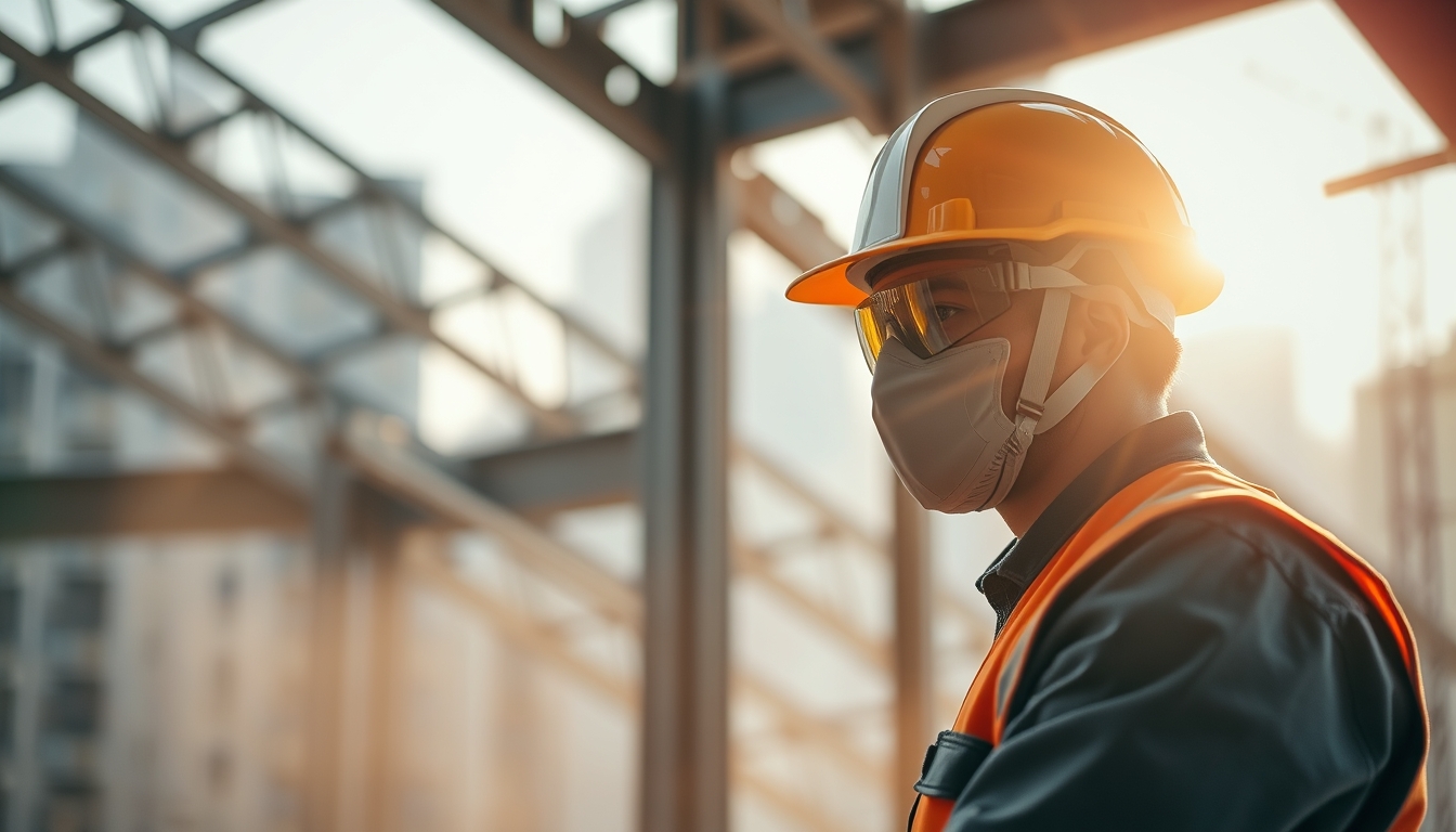 construction worker with full PPE on a São Paulo high-rise site in editorial style
