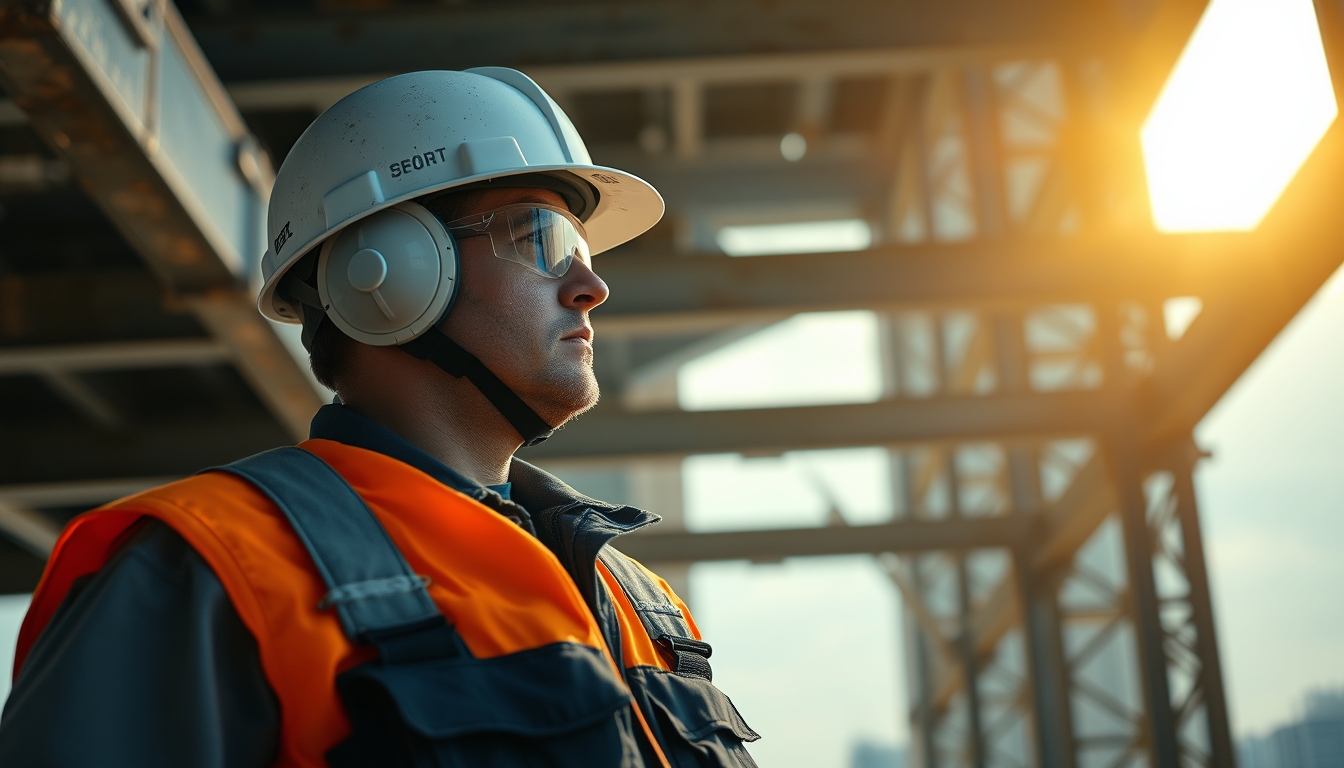 construction worker with full PPE on a São Paulo high-rise site in editorial style