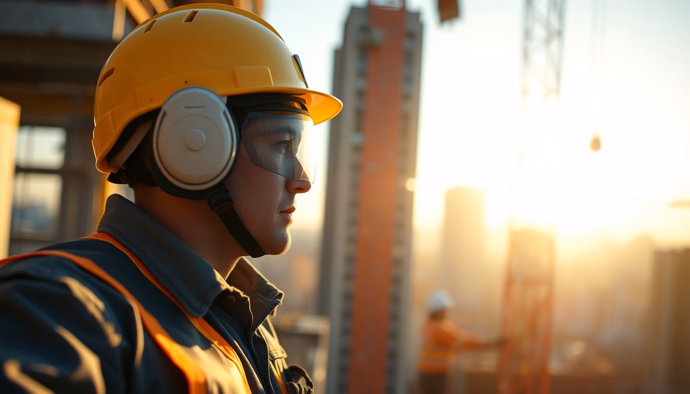 construction worker with full PPE on a São Paulo high-rise site in editorial style