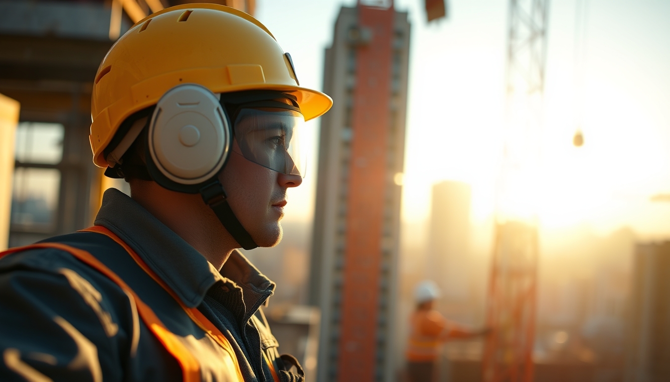 construction worker with full PPE on a São Paulo high-rise site in editorial style