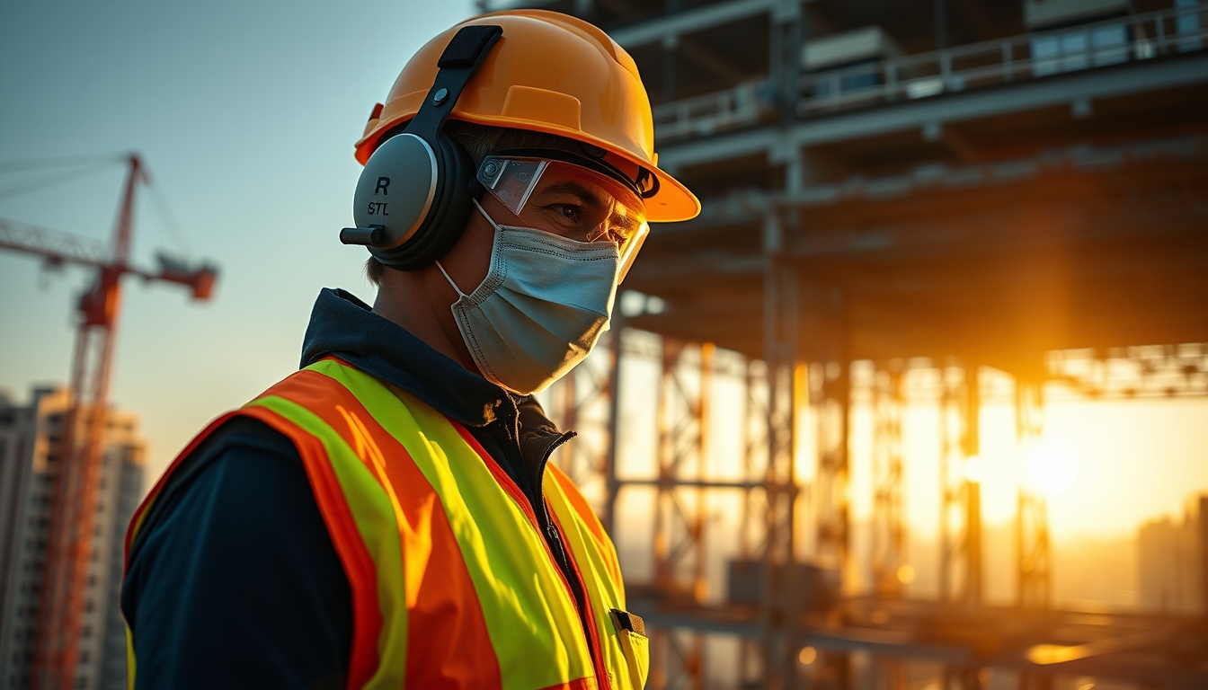 construction worker with full PPE on a São Paulo high-rise site in editorial style