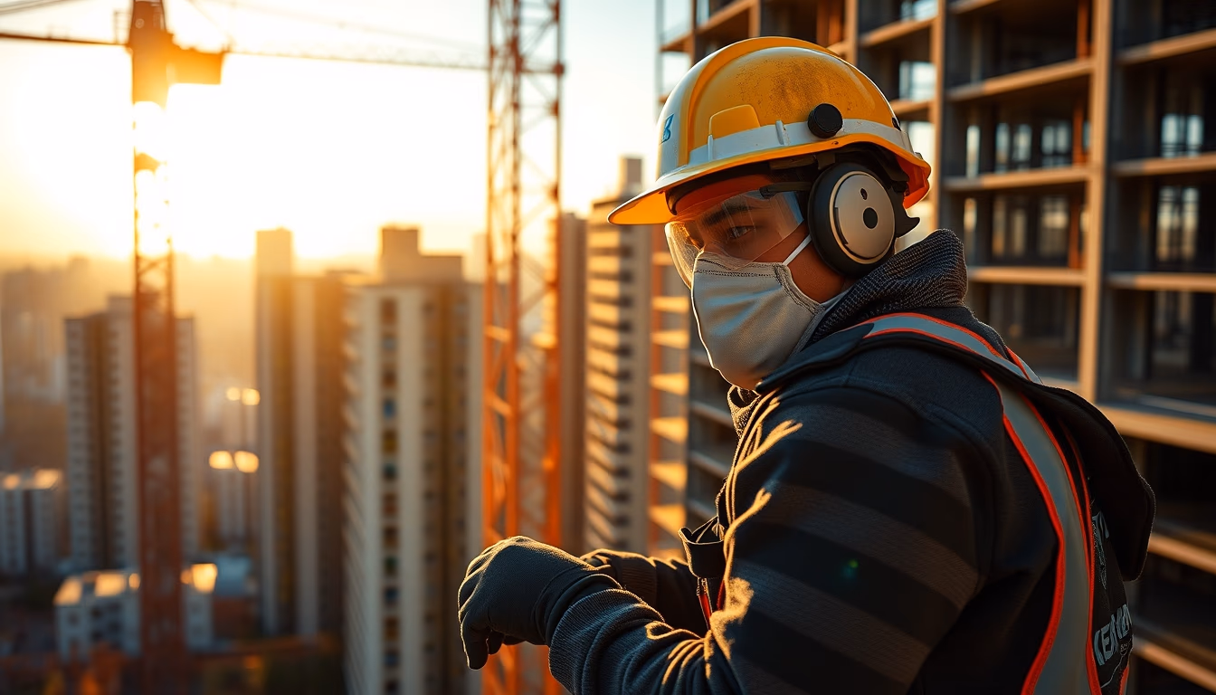 construction worker with full PPE on a São Paulo high-rise site in editorial style