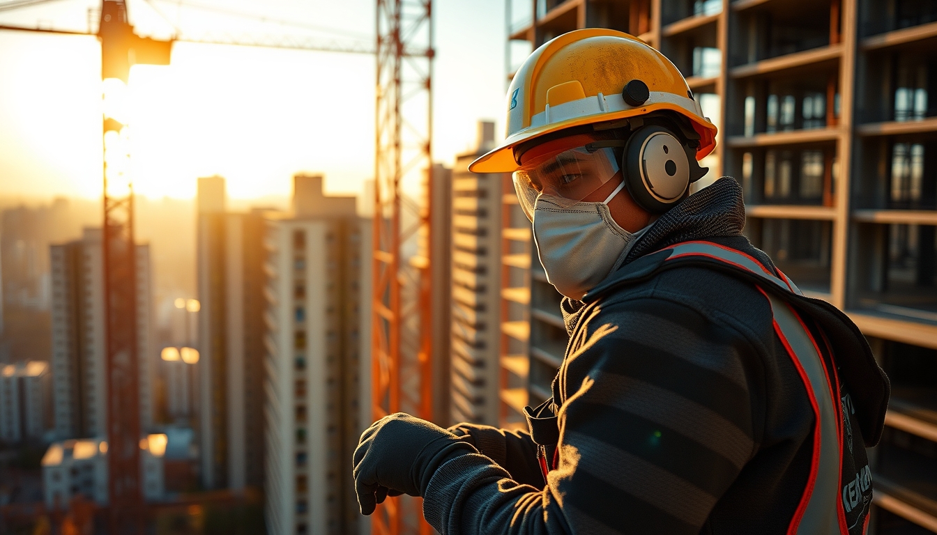 construction worker with full PPE on a São Paulo high-rise site in editorial style