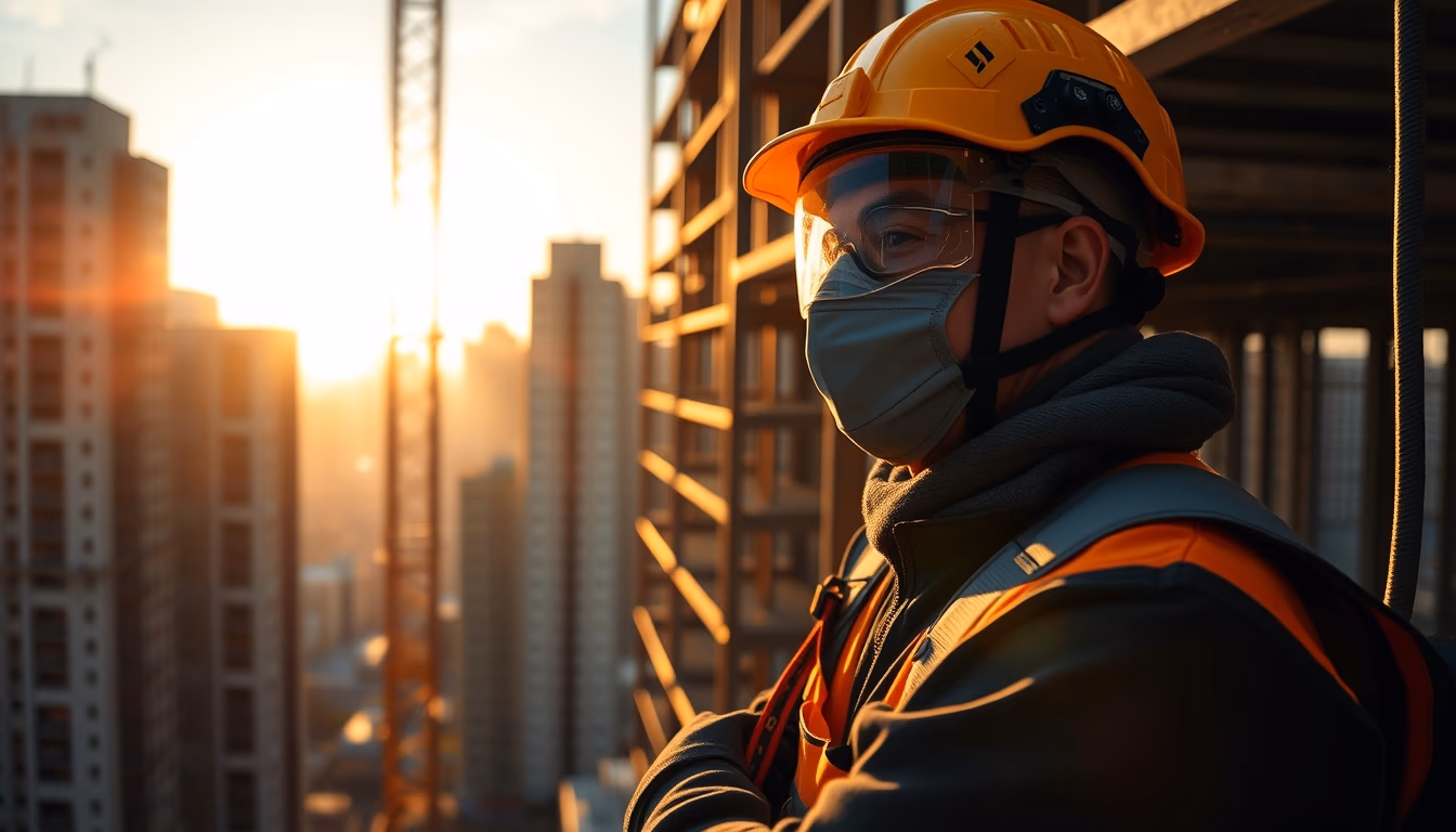 construction worker with full PPE on a São Paulo high-rise site in editorial style