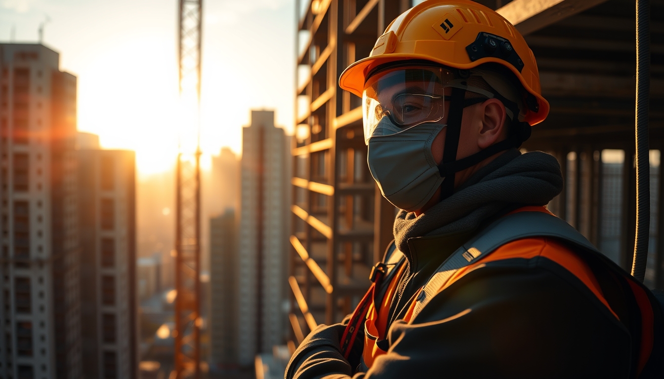 construction worker with full PPE on a São Paulo high-rise site in editorial style