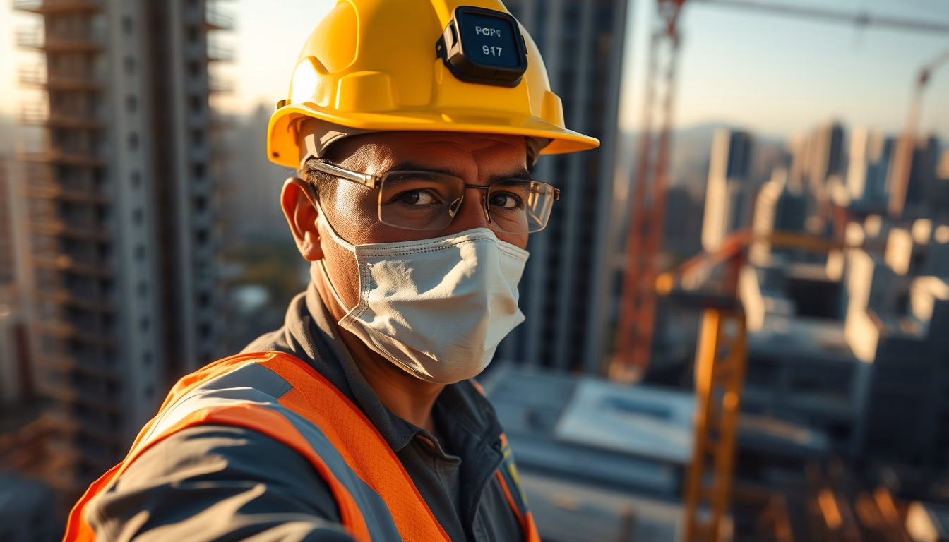 construction worker with full PPE on a São Paulo high-rise site in editorial style