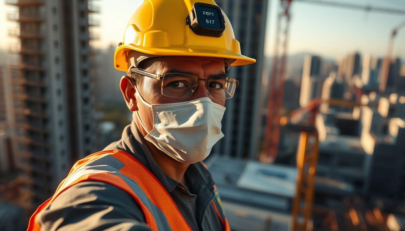 construction worker with full PPE on a São Paulo high-rise site in editorial style