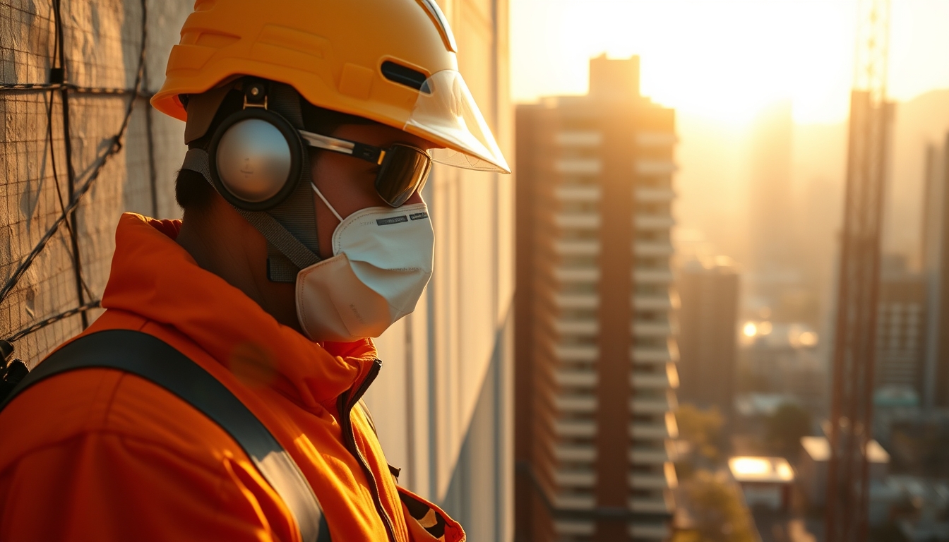 construction worker with full PPE on a São Paulo high-rise site in editorial style