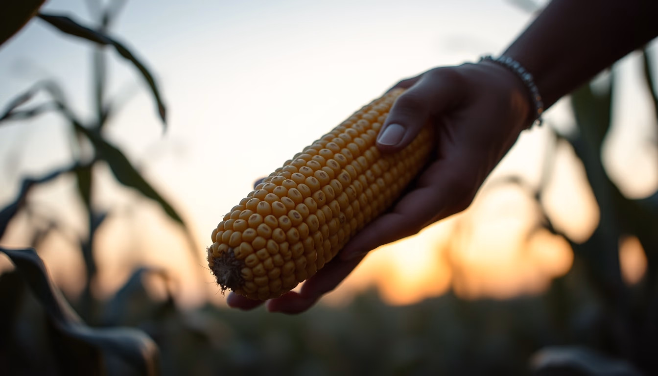 corn cob fresh harvest in farmer hands in editorial style