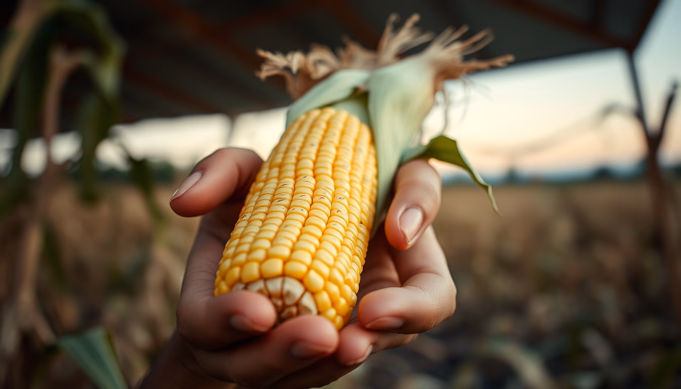 corn cob fresh harvest in farmer hands in editorial style