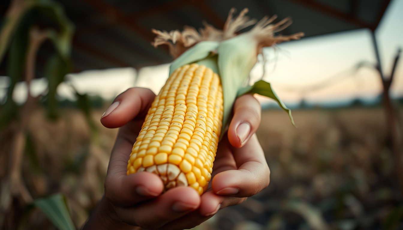 Corn cob fresh harvest in farmer hands em estilo editorial