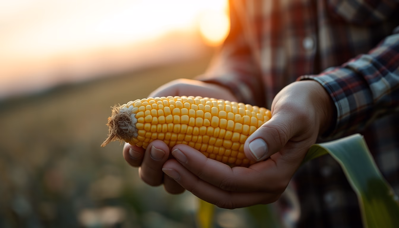 corn cob fresh harvest in farmer hands in editorial style