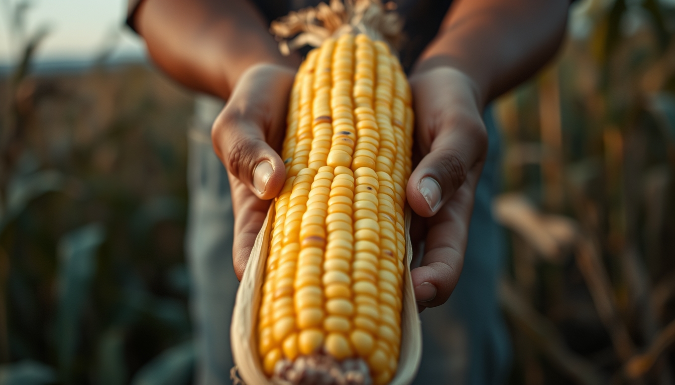 Corn cob fresh harvest in farmer hands em estilo editorial