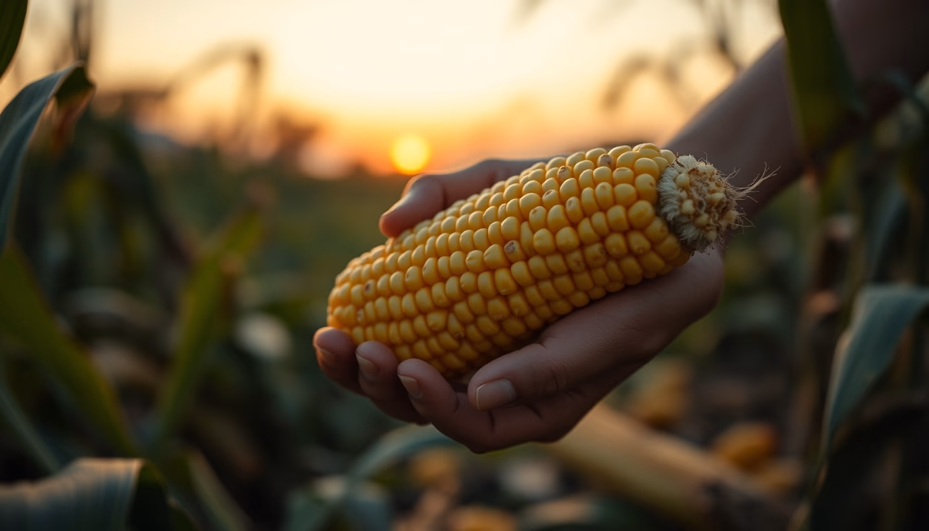 corn cob fresh harvest in farmer hands in editorial style