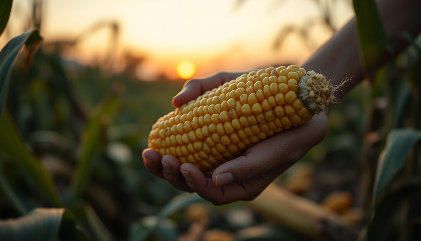 Corn cob fresh harvest in farmer hands em estilo editorial