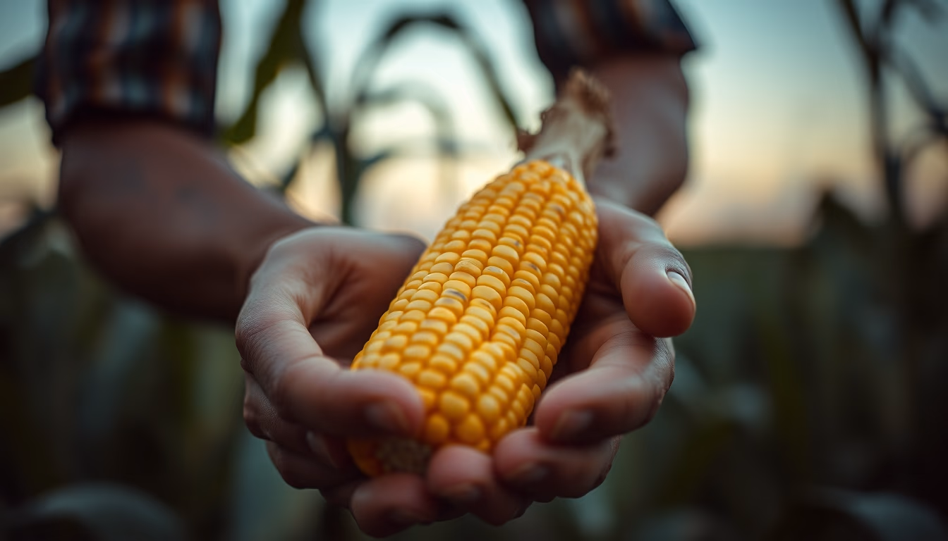 corn cob fresh harvest in farmer hands in editorial style
