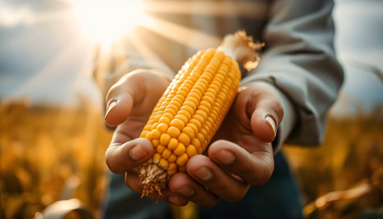 corn cob fresh harvest in farmer hands in editorial style