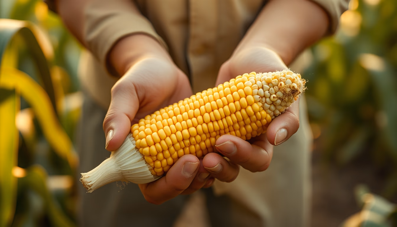 corn cob fresh harvest in farmer hands in editorial style