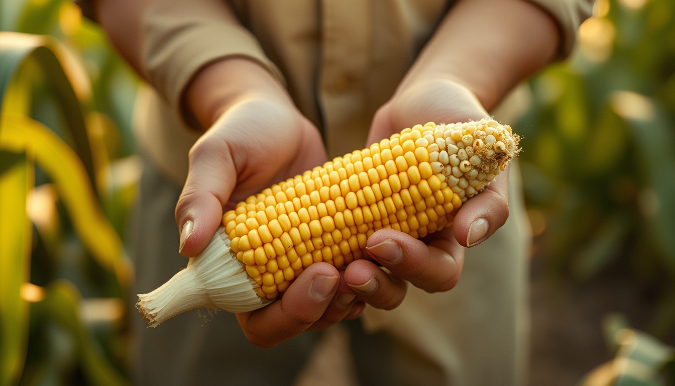 Corn cob fresh harvest in farmer hands em estilo editorial