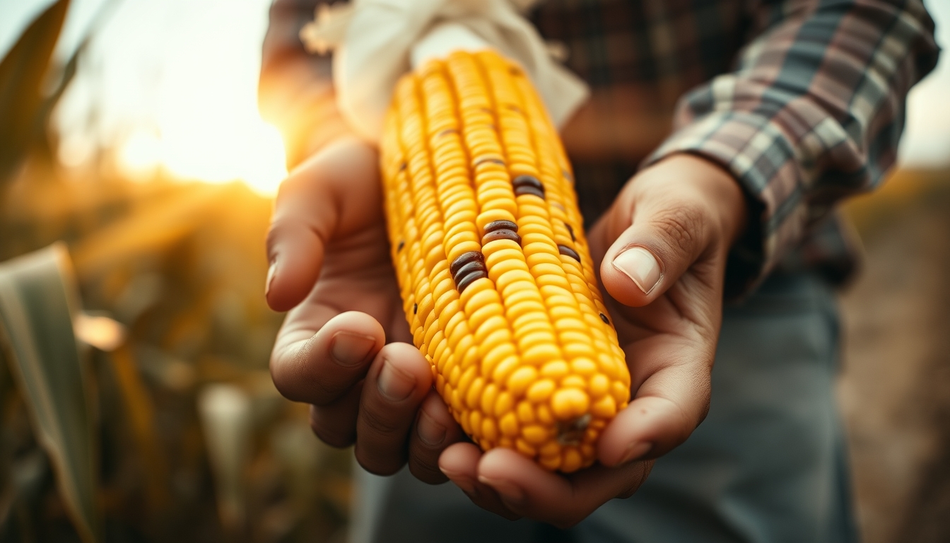 Corn cob fresh harvest in farmer hands em estilo editorial