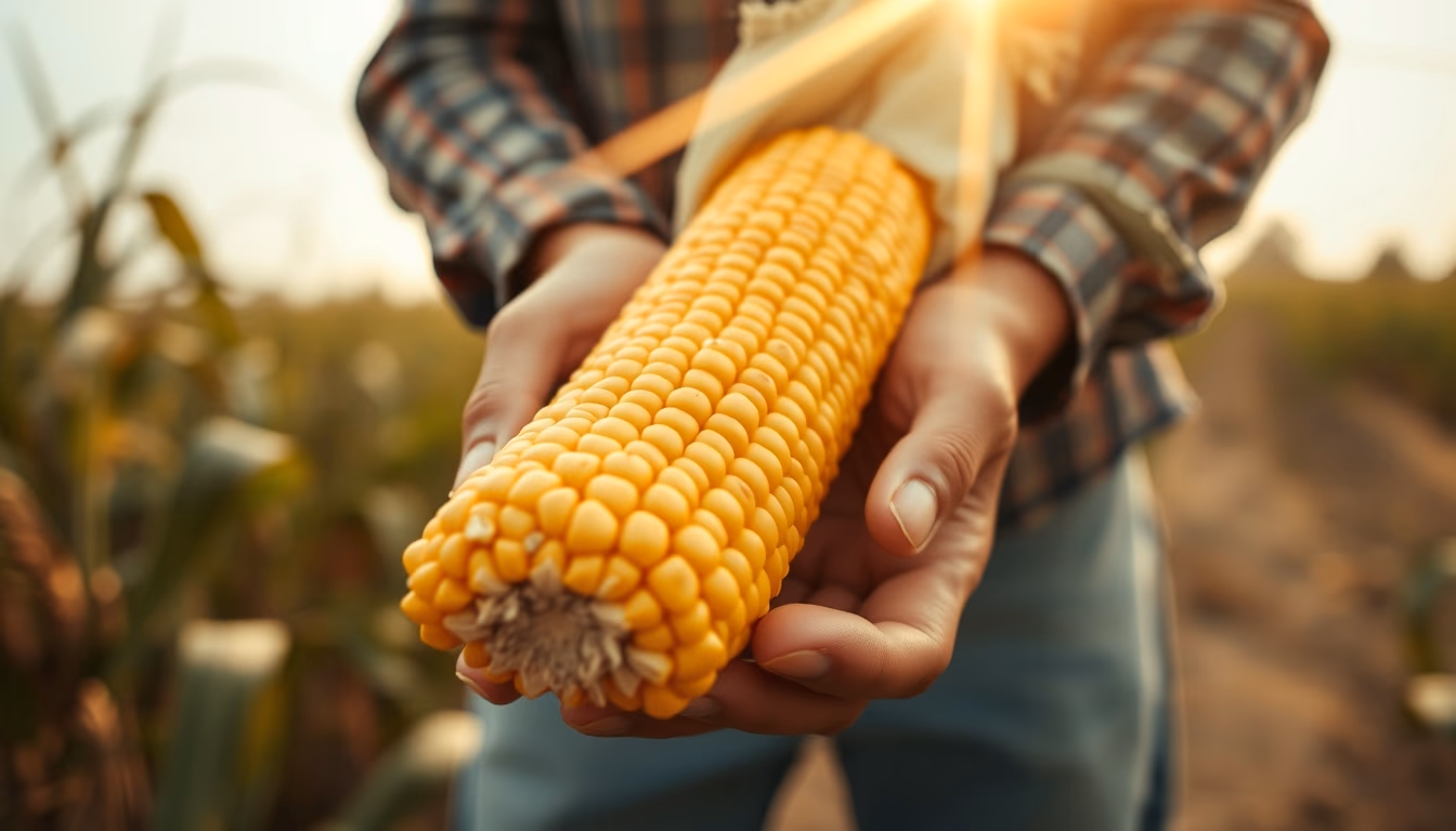 corn cob fresh harvest in farmer hands in editorial style