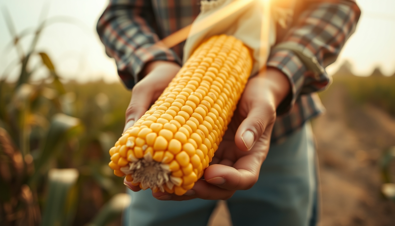 Corn cob fresh harvest in farmer hands em estilo editorial