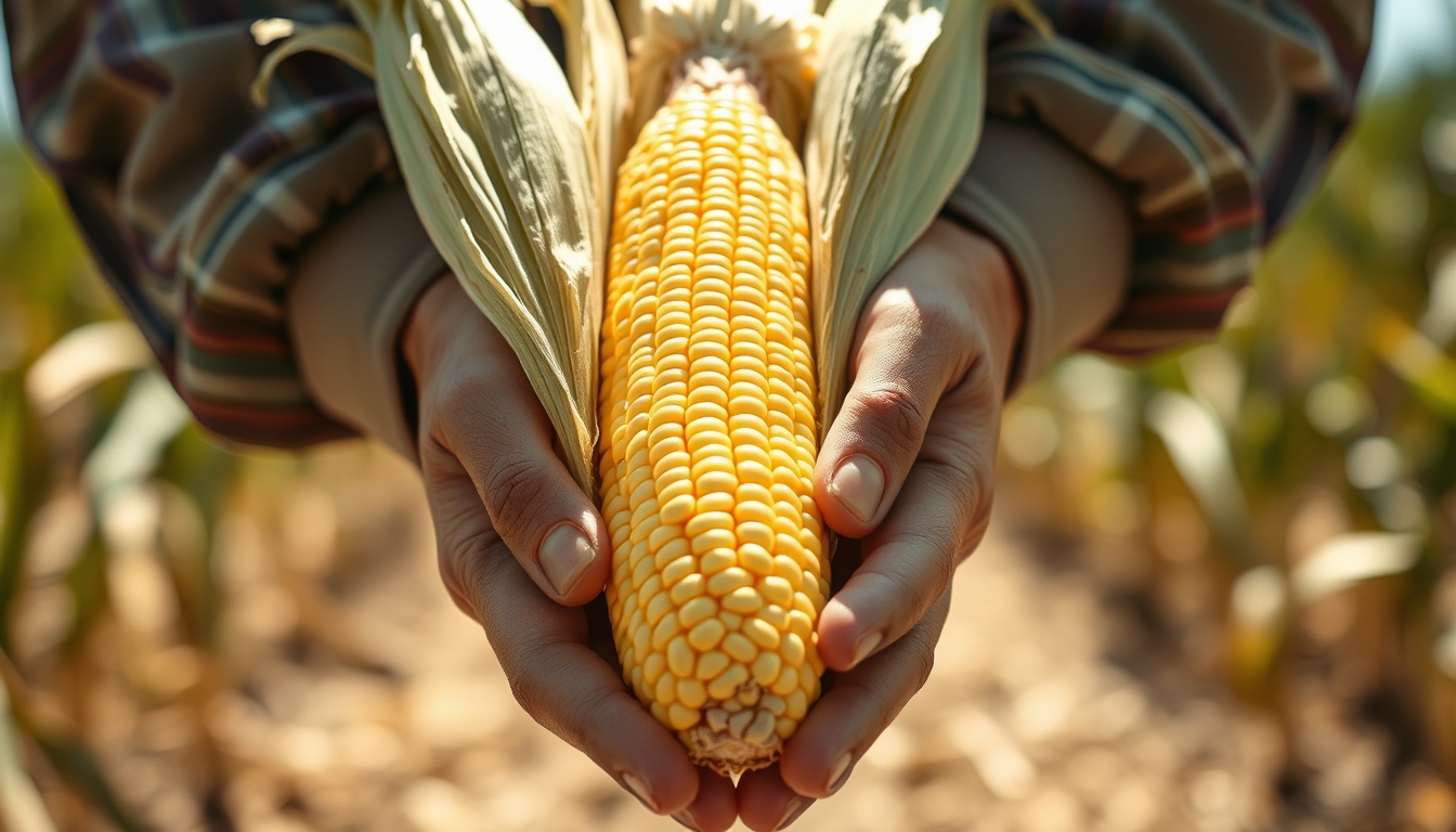 Corn cob fresh harvest in farmer hands em estilo editorial