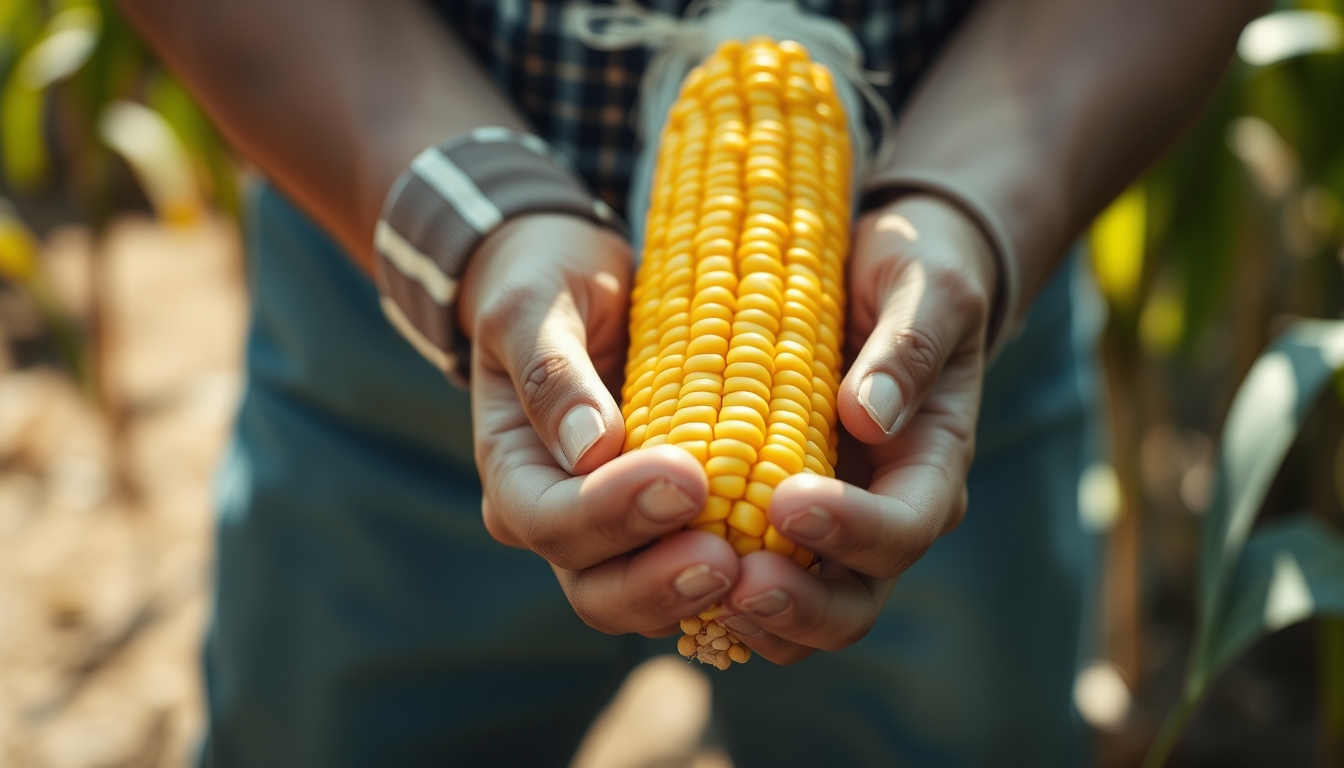 Corn cob fresh harvest in farmer hands em estilo editorial