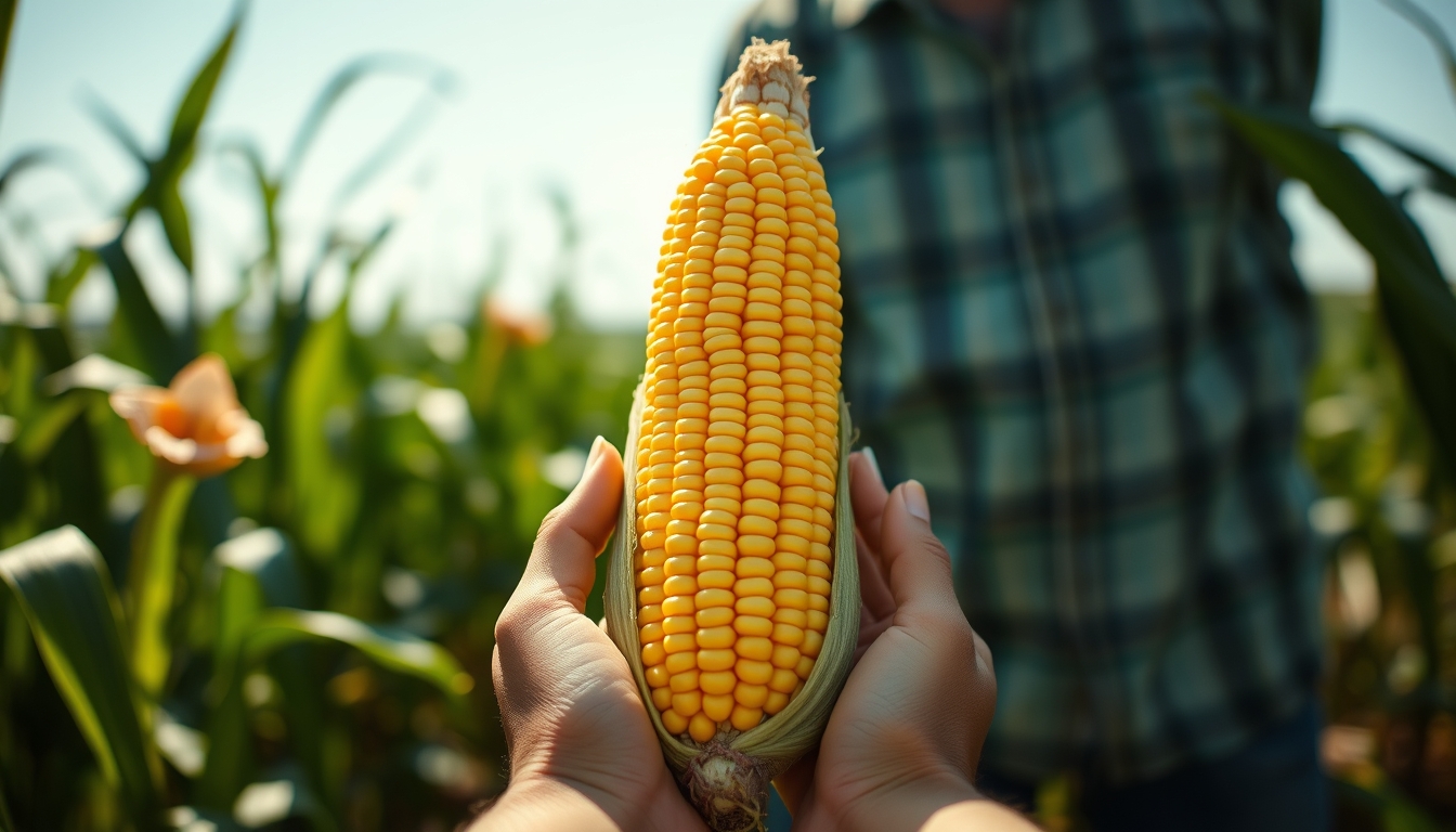 Corn cob fresh harvest in farmer hands em estilo editorial