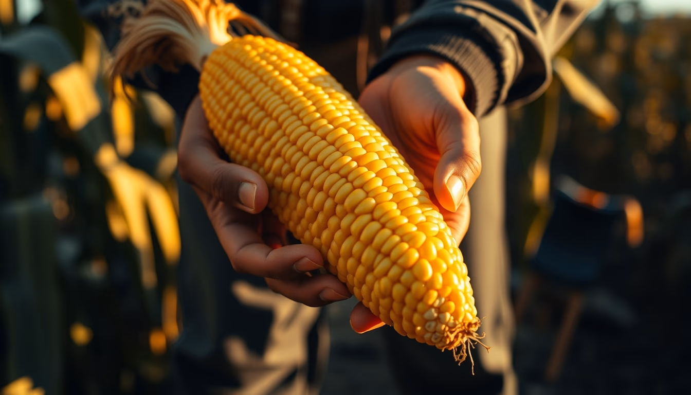 corn cob fresh harvest in farmer hands in editorial style