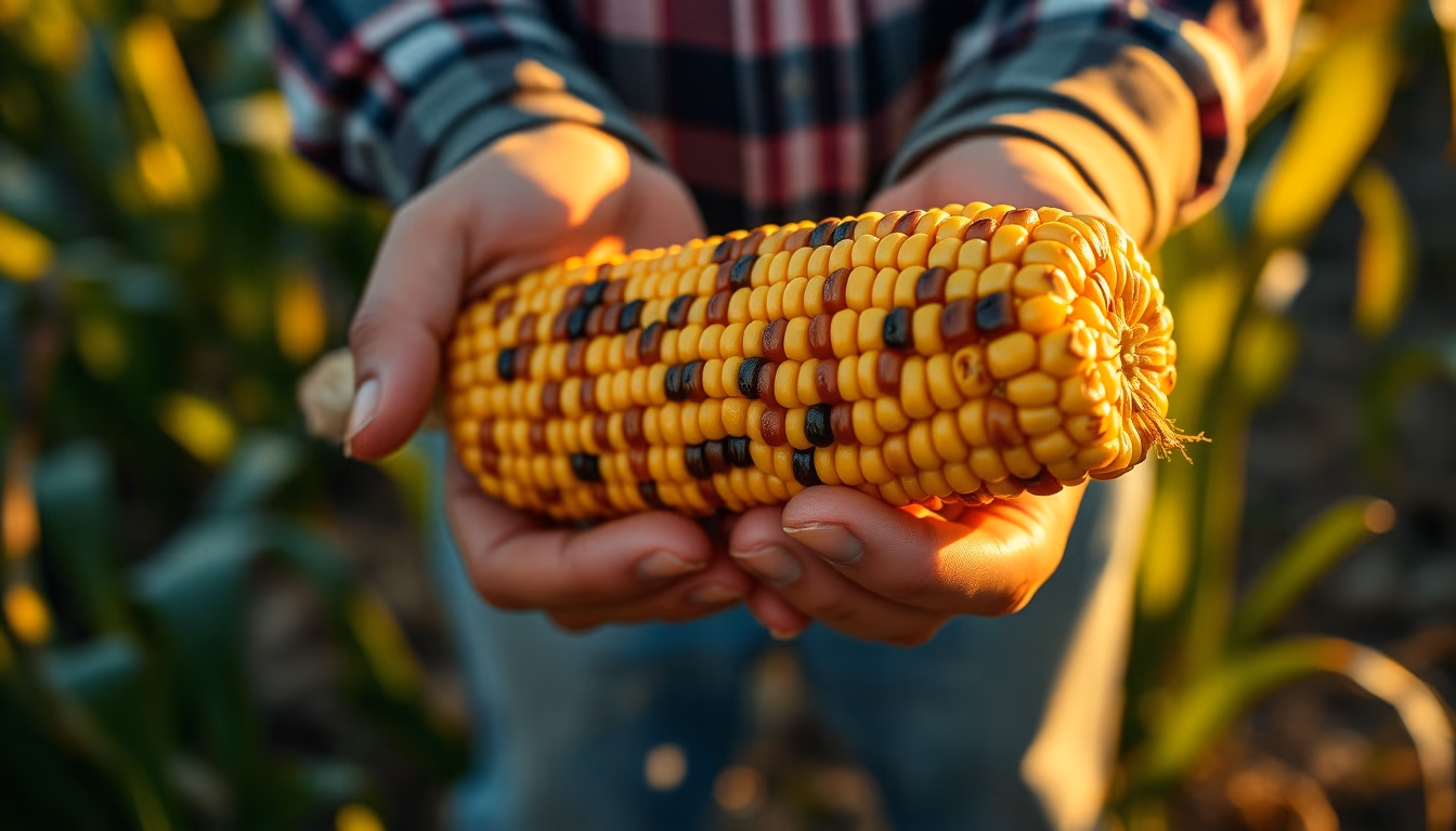 corn cob fresh harvest in farmer hands in editorial style