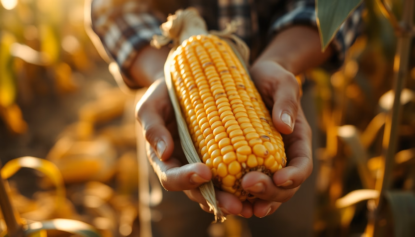 corn cob fresh harvest in farmer hands in editorial style